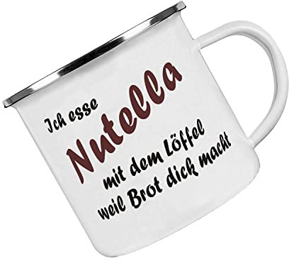 Crealuxe Emaille Tasse Ich esse Nutella mit dem Löffel weil Brot dick macht - Kaffeetasse mit Motiv, Campingtasse, bedruckte Emailletasse mit Wunschtext
