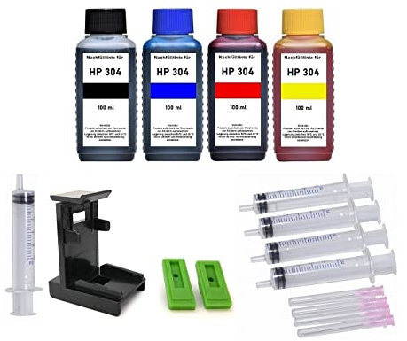 Tintenpatronen Nachfüllset kompatibel mit HP 304 Schwarz und Color Druckerpatronen - 4 x 100 ml Nachfülltinten Black, Cyan, Magenta und Yellow, mit Adapter, Befüll-Anleitung, Zubehör