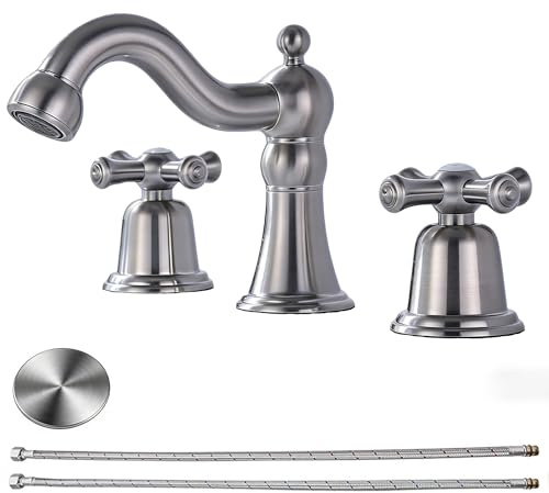 RKF Badezimmerarmaturen für Spüle, 3 Löcher, gebürstetes Nickel, 20,3 cm, weit verbreitet, Badezimmer-Waschbeckenarmatur mit Abfluss, 2 Griffen, Kreuzknöpfe, Wasserhahn, Badezimmer, Waschtischarmatur,