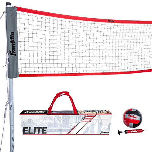 Franklin Sports Elite Volleyballnetz-Set – inklusive Pro Style Ball mit Pumpe, Stangen/Netz, Heringe, Seile, Begrenzungs-Kit – Strand + Hinterhof-Volleyball-Set – einfacher Aufbau