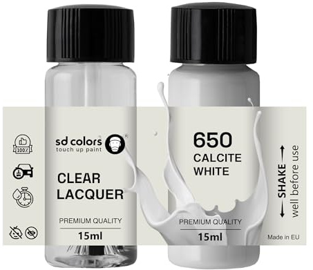 SD COLORS Peinture de retouche blanche Calcite 650-15 ML - Pour réparer les rayures - Code couleur 650 - Blanc calcite (peinture + vernis)