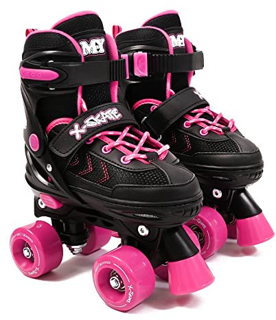 M.Y X-Skate Adjustable Pink Quad Roller Skates with Built In Adjusters Kids Roller Boots for Boys & Girls - Medium
