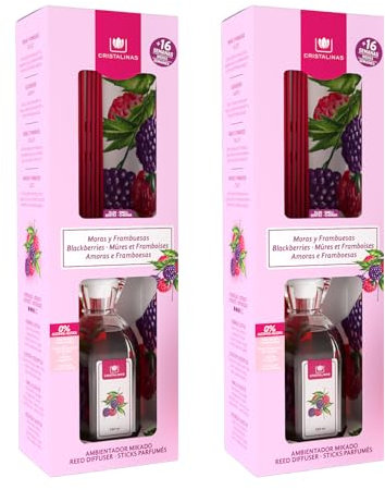 CRISTALINAS. Ambientador Mikado Clásico. Difusor con Varillas de ratán. Formula sin Alcohol. Máxima duración, hasta 16 semanas. Aroma Mora. (2x180ml)