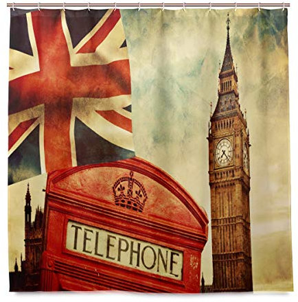 Rideau de douche London Big Ben Union Jack résistant en polyester imperméable 12 crochets 183 x 183 cm