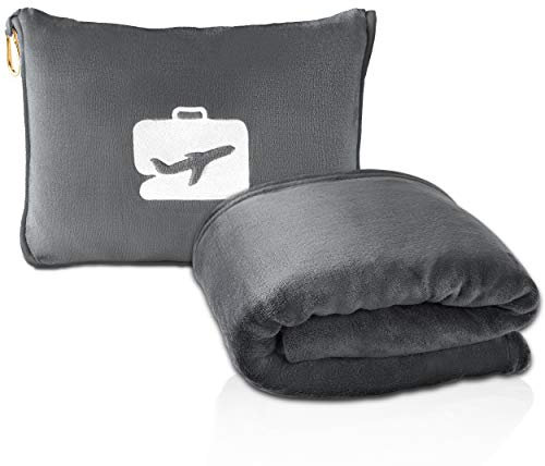 EverSnug Reisedecke und -Kissen - hochwertige, weiche 2-in-1-Flugzeugdecke mit weichem Kopfkissenbezug, Handgepäckgurt, und Rucksackclip (Grau)