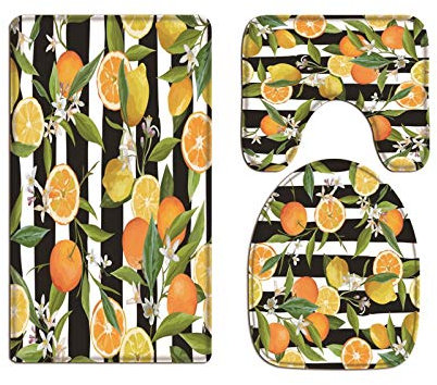 A.Monamour Badezimmer Badematte 3 Teilig Set Tropische Früchte Orange Zitronenmuster Schwarz Weiß Flanell WC Toilette Deckel Deckt Bad Matte Teppich Badteppiche Badvorleger Badgarnitur Vorleger