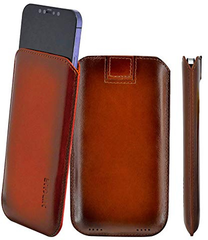 Suncase Original Leder Etui kompatibel mit iPhone 12 Mini (5.4) Hülle Tasche Ultra Slim Ledertasche Schutzhülle Case (mit Rückzuglasche) in Burned Cognac