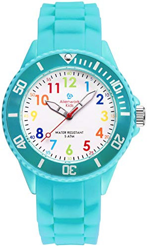 Alienwork Kids Lernuhr Kinderuhr Mädchen Uhrzeit Lernen Türkis Silikon-Armband Mehrfarbig Kinder-Uhr Wasserdicht 5 ATM Zeit Lernen