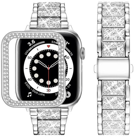 wutwuk Compatible Apple Watch Straps 44mm with Case for Women & Girls Metal Sparkling iWatch Straps Replacement Rhinestone Glitter Wristband for Apple Watch Series SE 2 SE 6 5 4 - Silver 44mm