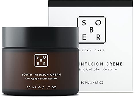 sober® | Youth Infusion Cream | Hochwirksame Anti Aging Gesichtscreme mildert Linien und Falten | mit Aloe Vera, Q10, pflanzlichem Retinol, Spilanthol & Hyaluron | Vegan