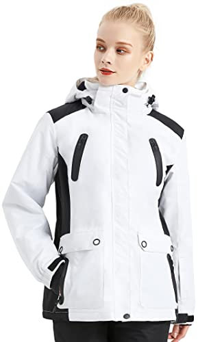 FREE SOLDIER Wasserdichte Skijacke für Damen, mit Fleece gefüttert, warme Winter-Regenjacke mit Kapuze, vollständig versiegelte Nähte (Weiß, Schwarz, 3XL)