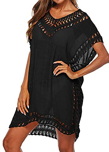 Women Swimsuit Cover Ups Beachwear Hollow Out V-Neck Short Sleeve Crochet Dress Bikini Swimsuit (A-Black, One Size)