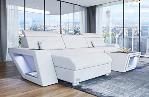 Ledersofa Catania in der L-Form als Ecksofa mit Beleuchtung Sofa mit USB-Anschluss Kopfstützen Moderne Couch LED Licht (Ottomane Links, White)