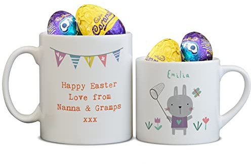 Personalised Easter Mug Gift - Custom Bunny Rabbit Design with Chocolate Eggs - Holiday Present for Kids Adults Family