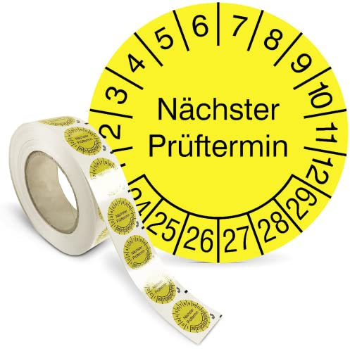 Prüfplakette „Nächster Prüftermin“ - Rolle mit 1000 Stück - PVC-Folie, selbstklebend Ø 1,5 cm - gelb/schwarz - Jahre: 2024 – 2029 - Mehrjahresprüfplakette - Prüfetiketten - Betriebsausstattung24®