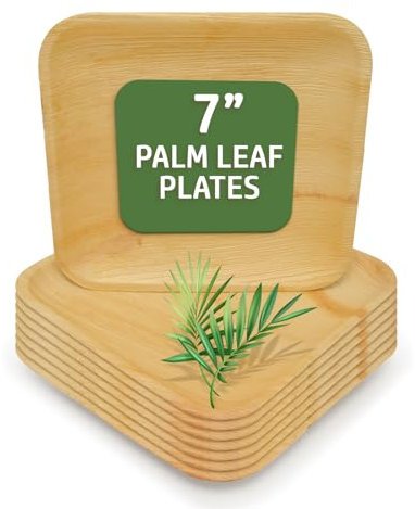 RelianceUK 50 Pack Square 7-Inch Small Size Natural Palm Leaf Plates | Biodegradable, Compostable, Microwave Safe Picnic Party Plates | Leaf Design Disposable Party Plates