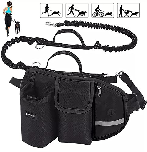 Hands Free Dog Running Lead with Wide Back Support Belt, Adjustable Waistband, Multiple Compartments, Dual Handles and Bungee Leads with Reflective Stitching (Black)