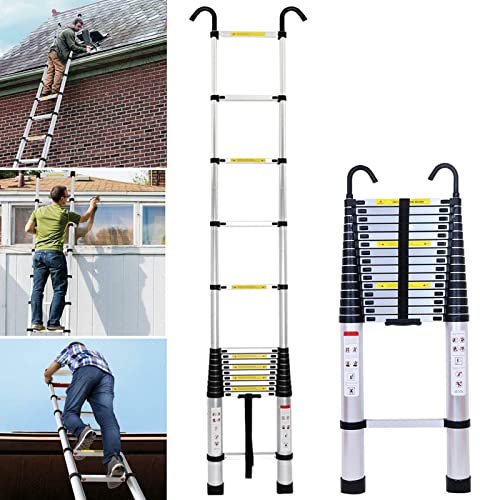 Scaletta Telescopica Alluminio con 2 Ganci, 13 Gradini, 5 m Scala Allungabile, Scala Portatile e Leggera, Forte e Stabile, Multiuso, Portata 150 kg, EN131, Argento