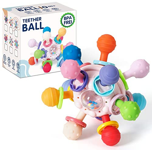 KmmiFF Beißspielzeug Baby, Beißring aus Silikon BPA-frei, Greifling Zahnungshilfe zu stimulieren und zu entspannen, weiche Zahnen Spielzeug Teether Ball Baby Geschenk ab 3 Monate Rosa