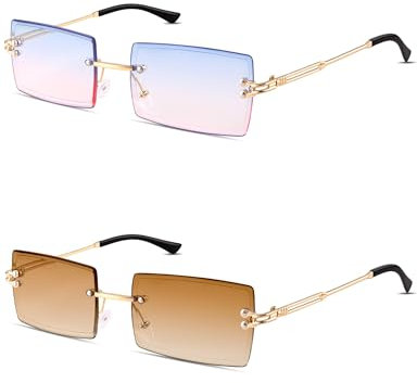 Kiiwah 2 Paar Rechteck Randlose Sonnenbrille, Retro Ultra-Small Frame Sonnenbrille, Quadratische Durchsichtige Linse Sonnenbrille, Rimless Sunglasses für Frauen Männer