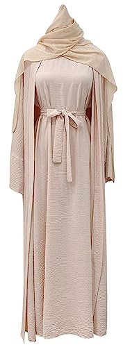 khalat 2PCS Damen Muslimische Kleider Abaya Islamische Dubai Gebetskleid Robe Lange Strickjacke Maxikleid, Hijab Set-beige, Large