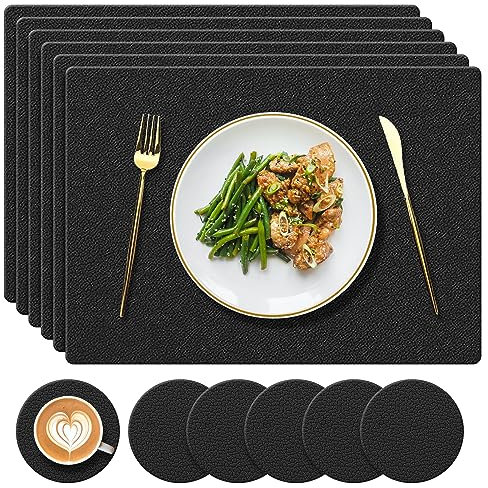 YUNJUER Silicone Place Mats and Coasters Set, Heat-Resistant 450 °F, Non-Slip and Waterproof Placemats, Easy to Clean, Table Mats for Kitchen, Dining Table, Home, Restaurant, 12 Pieces, (Black)