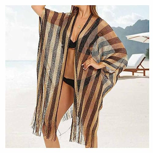 SHTGOI Damen Strandkleid Bikini Cover-Ups Streifen Strandponcho mit Häkelmuster und Quasten Glitzernde Netz Wickelrock Strandtuch Sexy Cutout Cover Ups Seitenschlitz Badeanzug Cover-Ups Schwarzgold