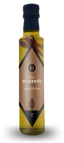 MEIN GENUSS Premium Chili Olivenöl nativ extra - 250 ml Flasche - Griechische Chilischoten & Koroneiki Oliven - Ausgewogene Schärfte