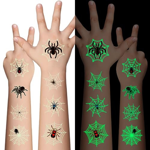 Awinmay Halloween Tattoo Kinder,10 Blätter Leucht Spinne Tattoo für Jungen Mädchen,Halloween Spinnennetz temporäre Tattoo Aufkleber,Halloween Cosplay Gesicht Make-up Zubehör Mitgebsel Party Geschenke