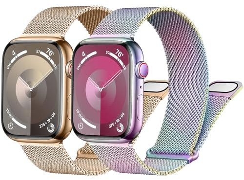 2 Pezzi Cinturini Maglia Milanese per Apple Watch 49mm 45mm 44mm 42mm 41mm 40mm 38mm,Magnetic Cinturino in Acciaio Inossidabile, per iWatch Ultra 2 Ultra Series 9 8 7 6 5 4 3(Rose gold/Multicolore)