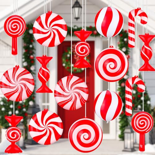 Jetec Aufblasbare Weihnachtsdekoration, 22,9 cm, hängende Süßigkeiten, Lebkuchen, Outdoor-Dekoration, aufblasbar, PVC-Kugeln für Weihnachtsfeier, Dekoration (rot und weiß), 16 Stück