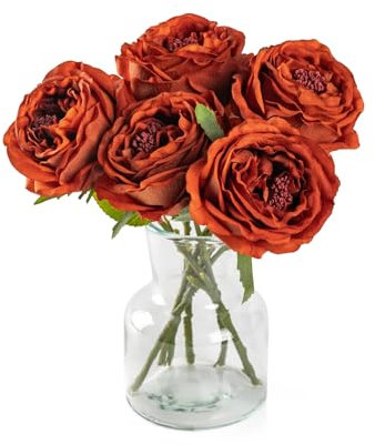 DuHouse 5Pcs Real Touch Silk Roses Fake Burnt Orange Roses with Stems Artificial Flowers for Arrangement Wedding Party Home Decoration