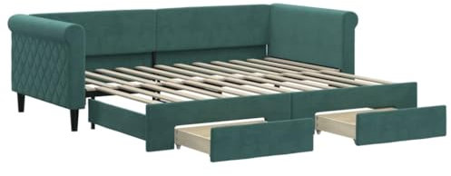 vidaXL Tagesbett, Ausziehbar Schlafsofa mit Schubladen, Bettsofa Gästebett für Schlafzimmer Wohnzimmer, Sofa Bett Ausziehbett, Dunkelgrün 90x200 cm Samt