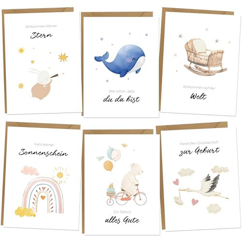 BIROYAL 6 Glückwunschkarten zur Geburt Baby | Set 6 Klappkarten mit Umschlägen | Karte Geburt Junge und Mädchen | Babykarten | Grußkarte Welcome Baby Aquarell