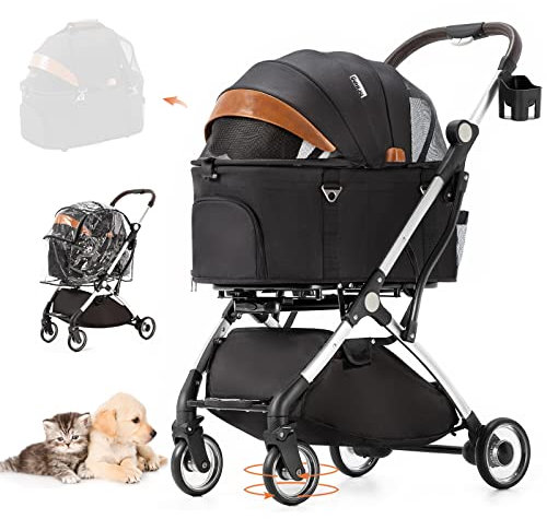 LPOTIUS Hundewagen Faltbar Hund Kinderwagen, 2 in 1 Hundebuggy Haustiere Buggy bis 15kg Pet Stroller mit Regenschutzabdeckung & Storage Basket, Katzenbuggy für Kleine Hunde Katzen (Schwarz)