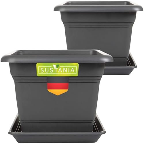 SUSTANIA Pflanzkübel Eckig 28x28 Anthrazit 2er Set - Robuster Blumentopf GroÃŸ, Ãœbertopf Ideal für Tomatenpflanzen, Eckige Pflanztöpfe Kunststoff für Garten & Balkon
