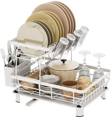 Escurridor de platos de 2 niveles con bandeja de goteo, escurridor grande para platos de cocina, con soporte para utensilios y portavasos, escurridor de platos extraíble, estante de almacenamiento de