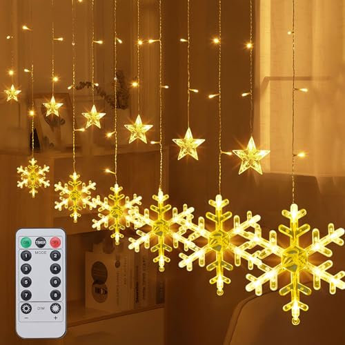 Ninonly Weihnachten Lichtervorhang Lichterkette, 126 LED Schneeflocken Sterne Lichterkette Fenster, 8 Modi Led Vorhang Lichter Wasserdicht, Batteriebetrieben Weihnachten Deko für Innen Aussen Balkon