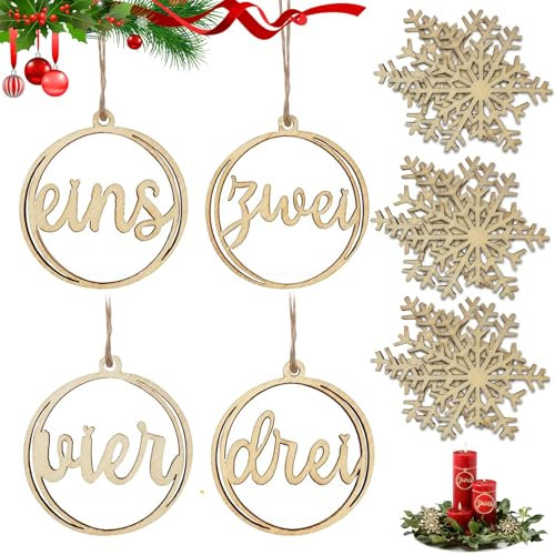 Adventszahlen 1 2 3 4 und Holzanhänger Schneeflocke, Holzanhänger Adventskranz Zahlen für Kerzen & Kerzenhalter Adventszahlen Holz 1-4 Weihnachten Kerzenanhanger, für Adventskerzen Deko