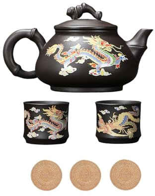 Farbwechsel Teekanne und Tassenset,Lila Tontopf mit Drachen und Phönixmuster,Chinesisches Kung Fu Teeset,Keramik 1 Topf 2 Tassen,180ML,Mit Untersetzer (C-Drache Phönix, Ohne Geschenkbox)