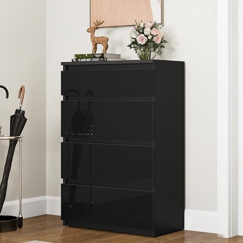 YITAHOME Kommode aus Holz, Kommode Schlafzimmer, zeitgenössischer Hochglanz, 4 Schubladen, Schlafzimmermöbel, Schlafzimmeraufbewahrungseinheit, Schiebeschubladen, 92 x 33 x 60 cm (Schwarz)