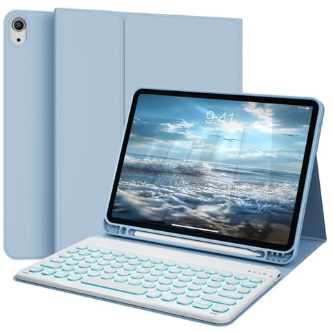GKABXY for ipad (A16) 10th/11th Generation case with Keyboard (2022/2025) 10.9/11 Inch, Soft TPU Back with Pen Holder, 7 Colors Backlit Bluetooth Round Key Keyboard, Auto Sleep/Wake, Sky blue