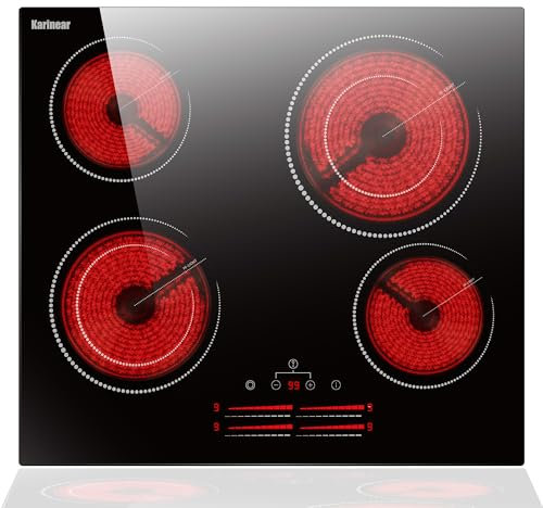 Karinear Placa de cocina de cerámica de 60 cm con tira de luz deslizante, placa de vitrocerámica, 4 placas con doble anillo, 4 placas de cocción empotradas con seguridad para niños, temporizador, 220
