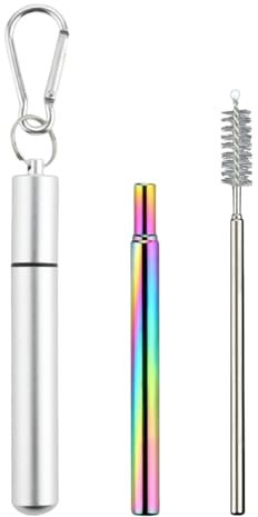 Sghtil Pajita plegable | Juego de pajitas telescópicas portátiles - Pajitas de metal reutilizables con 1 funda, 1 cepillo de limpieza, 1 llavero, accesorios de crucero para el hogar, negocios