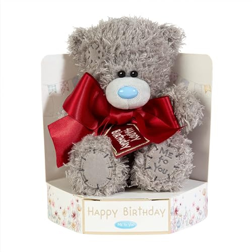 Me To You Tatty Teddy Plush 15cm-High Birthday Bear With Satin Bow On Luxury Gift Plinth - Official Collection, Grey