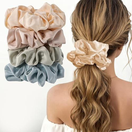 Lolalet Big Scrunchies for Women, 5.9 Inch Large Satin Scrunchies Jumbo Oversized Elastic Hair Ties Extra Large Giant Hair Bands -4 Pack, Style E | Oversized Scrunchies for Thick Curly Hair, Silky Smooth Satin, Strong Elastic, No Damage to Hair, Daily & Hairstyle Use