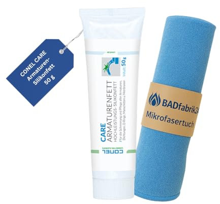 BADfabrik24 CONEL CARE W 47 Silikonfett 50g – Langzeitschmierung für Armaturen + Mikrofasertuch,Silikonfett, Armaturenfett, CONEL CARE W 47, Langzeitschmierung, Dichtungsfett, Membranfett
