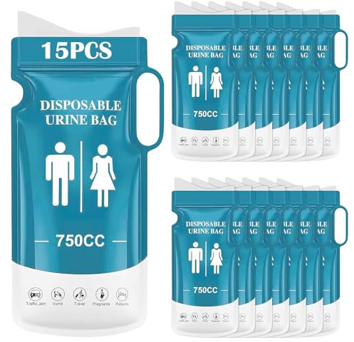 KOMABLEN 15 Piezas Bolsas de Orina Portátiles, 750ml Desechables Orinal Adulto, Urinario Portatil WC Portatil Hombre como a Mujeres Bolsa de Vómito para Acampar, Viajar, Atascos de Tráfico