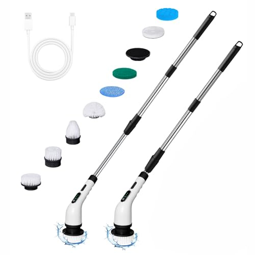 Electric Spin Scrubber, 8 Replacement Heads, 3 Powerful Speed, Battery Level Visible, Upgrade Electric Cleaning Brush w/Adjustable Extension Arm for Bathroom Kitchen Car Tile Wall Floor, Black