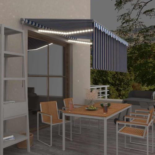 Gecheer Markise Manuell Einziehbar mit Rollo und LED Beleuchtung 3 5x2 5 m Blau Weiß für Garten Balkon Terrasse